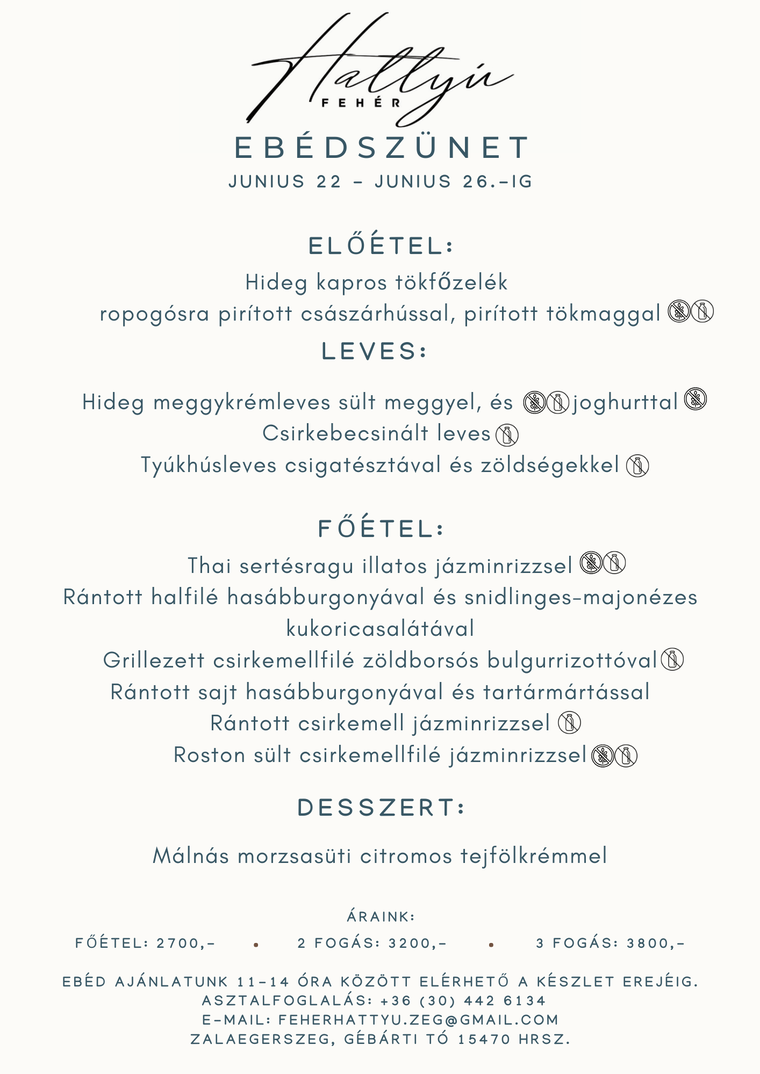 Fehér Hattyú – Ebédszünet junius 22 - 26.-ig. Fehér Hattyú – Ebédszünet junius 22 - 26.-ig.